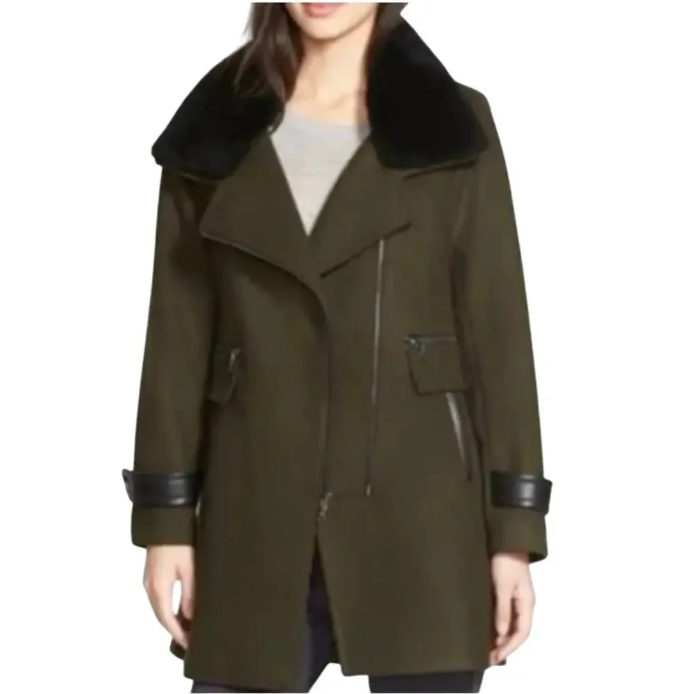Trina Turk Aubree Wool Winter Coat Dark Olive Detachable Shearling Collar Sz 10